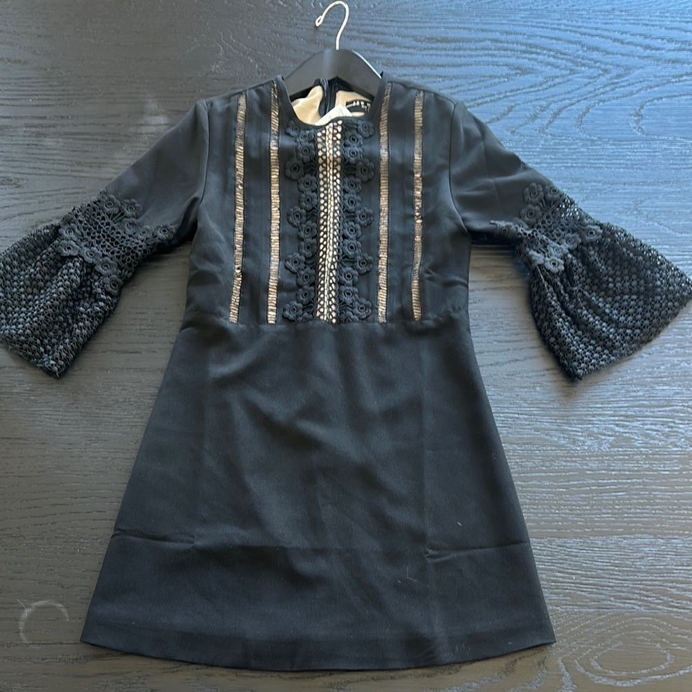 Black A-Line Dress with Bell Sleeves and Crew Neck